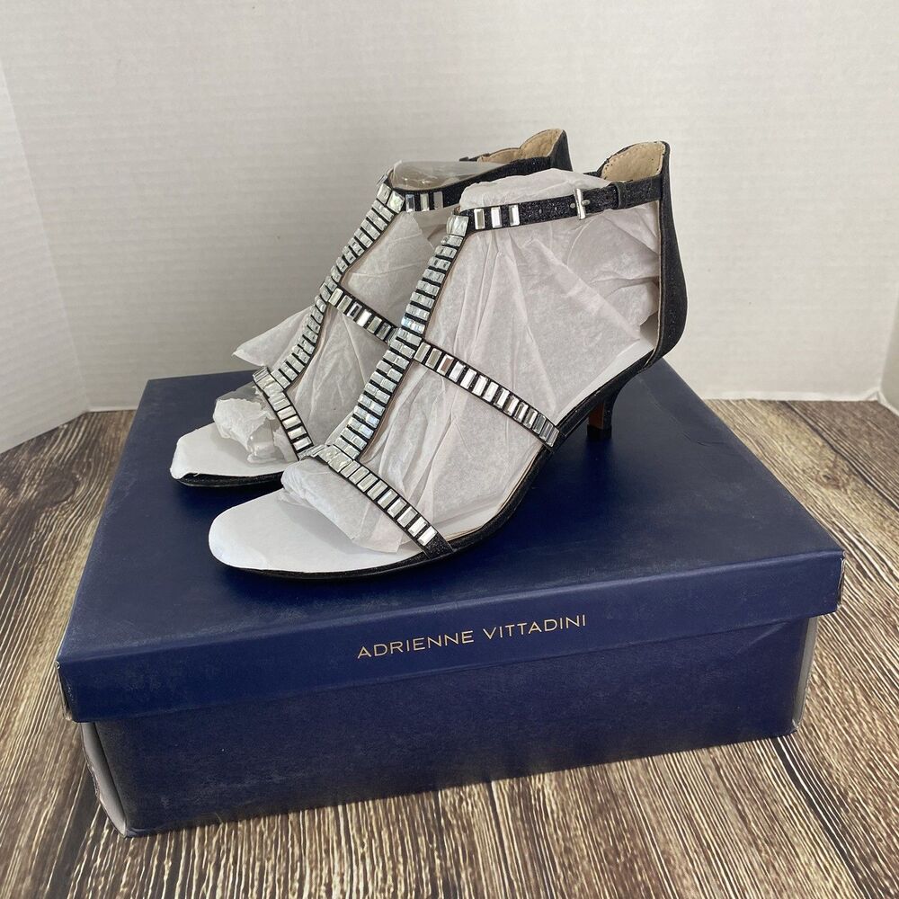 Adrienne Vittadini Kaya Black Shimmer/Crystal Embellished Sandals Sz 7 Low Heel